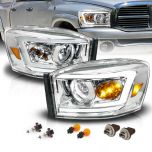 AmeriLite for RAM Truck 2006-2008 1500 | 06-09 2500 3500 LED Tube Light Bar Chrome Projector Headlights - Passenger and Driver Side