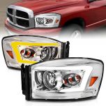 AmeriLite for 2006-2008 Ram Truck 1500 2500 3500 Switchback LED Tube Chrome Replacement Headlights - Passenger and Driver Side