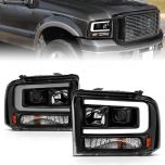 AmeriLite for 2005-2007 Ford F250 F350 F450 Superduty | 05 Excursion C-Type LED Tube Square Projector Black Headlight Pair - Passenger and Driver Side