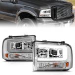 AmeriLite for 2005-2007 Ford F250 F350 F450 Superduty | 05 Excursion C-Type LED Tube Square Projector Chrome Headlight Pair - Passenger and Driver Side