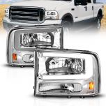 AmeriLite for 1999-2004 Ford F250 F350 F450 Superduty | 99-01 Excursion C-Type LED Tube Chrome Replacement Headlight Pair - Passenger and Driver Side