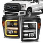 AmeriLite Replacement Headlights for 2011-2016 Ford F250/350/450 Super Duty Switchback LED Tube Projector Black Assembly Set - Passenger and Driver Side