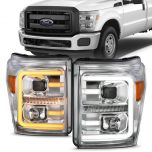 AmeriLite Replacement Headlights for 2011-2016 Ford F250/350/450 Super Duty Switchback LED Tube Projector Chrome Assembly Set - Passenger and Driver Side