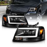 AmeriLite for 2004-2008 Ford F150 C-Type LED Tube Square Projector Black Housing Headlights Assembly Pair - Driver and Passenger Side