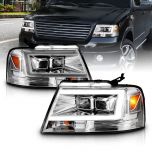 AmeriLite for 2004-2008 Ford F150 C-Type LED Tube Square Projector Clear Chrome Headlights Assembly Pair - Driver and Passenger Side