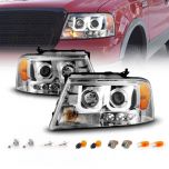 AmeriLite for Ford F150 F-150 | Lincoln Mark LT U-Type LED Tube Crystal Chrome Bezel Replacement Projector Headlights Set - Passenger and Driver Side