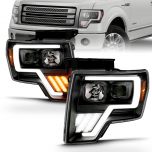 AmeriLite Replacement Headlights Assembly for 2009-2014 Ford F150 Switchback LED Tube Quad Projector Black Set - Passenger and Driver Side