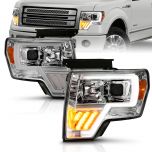 AmeriLite Chrome Projector Headlights LED Halo Bar For Ford F-150 - Passenger and Driver Side