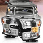 AmeriLite for 2015-2017 Ford F150 Replacment Headlights Chrome Quad Projector w/ Dual LED Tube Signal Assembly Set - Driver and Passenger Side