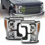 AmeriLite for 2017-2019 Ford Super Duty F250 F350 XL XLT Chrome Replacement Projector Headlights w/LED Bar Set - Passenger and Driver