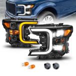 AmeriLite for 2018-2020 Ford F150 Halogen Type Chrome Square LED Projector Switchback Signal Light Tube Headlights Set - Driver and Passenge Side
