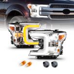 AmeriLite for 2018-2020 Ford F150 Halogen Type Black Square LED Projector Switchback Signal Light Tube Headlights Set - Driver and Passenge Side