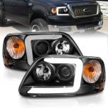 AmeriLite for 1997-2003 Ford F150 97-2002 Expedition Pickup Truck LED Tube Black Projector Headlights Set - Driver and Passenger Side