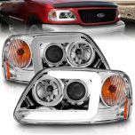 AmeriLite for 1997-2003 Ford F150 97-2002 Expedition Pickup Truck LED Tube Chrome Projector Headlights Set - Driver and Passenger Side