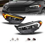 AmeriLite for 2013-2016 Ford Fusion Switchback LED Signal Square Projector Headlight Set - Passenger and Driver Side