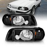 AmeriLite Black Replacement Headlights Corner Turn Signal Sets For 87-93 Ford Mustang - Passenger and Driver Side