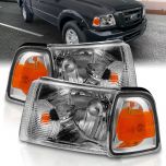 AmeriLite for 2001-2011 Ford Ranger Pickup Truck Chrome Factory OE Style Replacement Headlights Assembly Corner Lamp Combo Set - Driver and Passenger Side