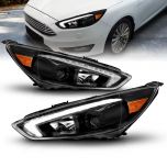 AmeriLite for 2015-2018 Ford Focus LED DRL Switchback Tube Black Square Projector Headlight Assembly Pair - Passenger and Driver Side