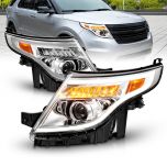 AmeriLite for 2011-2015 Ford Explorer LED Tube Signal Projector Chrome Replacement Headlight Pair - Driver and Passenger Side