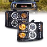 AmeriLite for 2007-2014 GMC Sierra 1500 2500 3500 Dual Xtreme LED Halo Rings Projector Black Replacement Headlight Assembly Set - Driver and Passenger Side