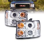 AmeriLite for 2007-2014 GMC Sierra 1500 2500 3500 Dual Xtreme LED Halo Rings Projector Chrome Replacement Headlight Assembly Set - Driver and Passenger Side