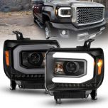 AmeriLite for 2014-2016 GMC Sierra 1500/15-2017 2500HD 3500HD Black LED Tube Projector Replacement Headlights Assembly Pair - Passenger and Driver Side