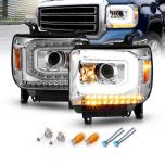 AmeriLite for 2014-2016 GMC Sierra 1500/15-2017 2500HD 3500HD Chrome LED Tube Projector Replacement Headlights Assembly Pair - Passenger and Driver Side