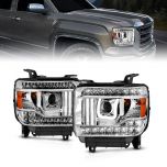AmeriLite for 2014-2019 GMC Sierra 1500 2500 3500 LED Tube Running Lights Chrome Replacement Projector Headlights Pair - Passenger and Driver Side