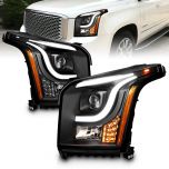 AmeriLite for 2015-2017 GMC Yukon / XL Halogen Type LED Tube Square Projector Black Replacement Headlights Assembly Set - Driver and Passenger Side