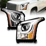AmeriLite for 2015-2017 GMC Yukon / XL Halogen Type LED Tube Square Projector Chrome Replacement Headlights Assembly Set - Driver and Passenger Side