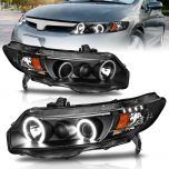 AmeriLite Projector Headlights Black Amber X-LED Halo for Honda Civic 2 Door - Passenger and Driver Side
