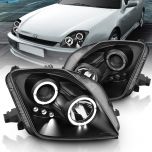 AmeriLite Black Projector Replacement Headlights Dual Halo LED Set for 97-01 Honda Prelude - Passenger and Driver Side