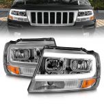 AmeriLite for 1999-2004 Jeep Grand Cherokee LED Light Bar Crystal Chrome Replacement Headlights Set - Driver and Passenger Side