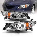 AmeriLite for 2004-2009 Mazda 3 4-Door Sedan Xtreme LED Halos Projector Chrome Replacement Headlights Pair - Passenger and Driver Side