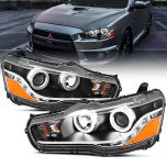 AmeriLite for 2008-2017 Mitsubishi Lancer / Evo Dual Xtreme LED Halos Light Bar Black Projector Headlights Set - Passenger and Driver Side