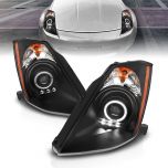 AmeriLite Projector Headlights Halo Black Amber For 350Z - Passenger and Driver Side