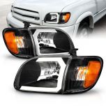 AmeriLite for 2000-2004 Toyota Tundra Regular | Access Cab C-Type LED Tube Black Headlight Corner Lamp Set - Driver and Passenger Side