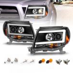 AmeriLite for 2005-2011 Toyota Tacoma C-Type LED Tube Black Projector Replacement Headlights Pair - Passenger and Driver Side