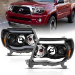 AmeriLite 2005-2011 for Toyota Tacoma Dual LED Tube Black Projector Headlights Assembly Replacement Pair - Driver and Passenger Side