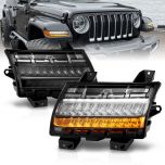 AmeriLite for 2018-2020 Jeep Wrangler JL LED Type [Full LED DRL] Sequential Bumper Parking Lamp Turn Signal Smoke Lights Set - Passenger and Driver Side