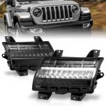AmeriLite for 2018-2020 Jeep Wrangler JL Halogen Type [Full LED DRL] Sequential Bumper Parking Lamp Turn Signal Smoke Lights Set - Passenger and Driver Side