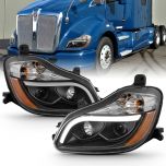 AmeriLite for 2015-2019 Kenworth T680 LED Tube Black Projector Replacement Headlight Pair - Passenger and Driver Side