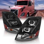 AmeriLite For Volvo VN/VNL Series Black Projector Headlights Pair High/Low Beam Bulb Included