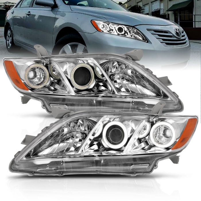 AmeriLite for 2005-2007 Toyota Camry Xtreme Dual LED Halos Projector Chrome  Replacement Headlights Set - Passenger and Driver Side