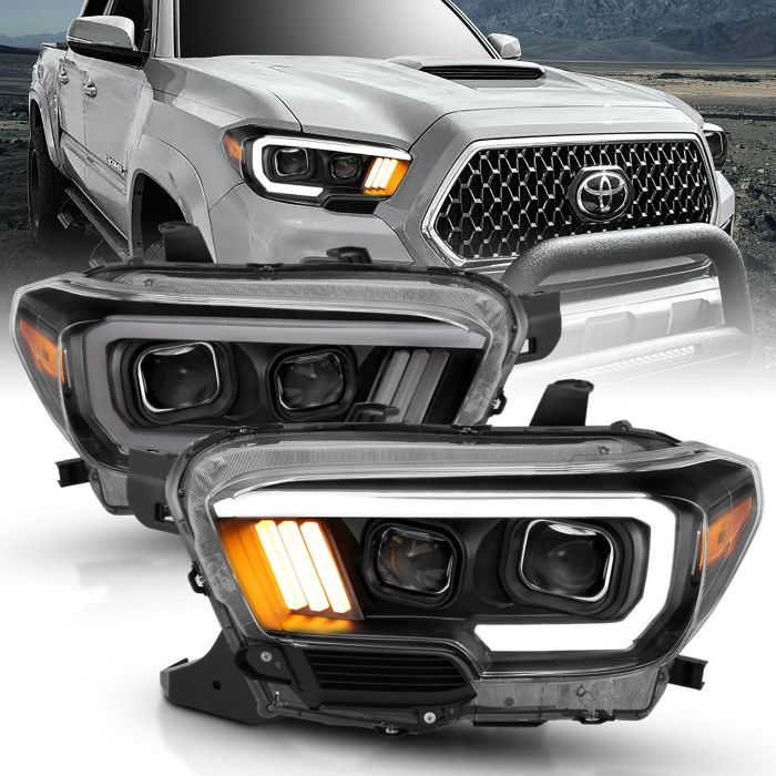 AmeriLite for 2016-2022 Toyota Tacoma SR SR5 Replacement Black LED Bar Tube  Dual Quad Projector Headlight Assembly Pair - Passenger and Driver Side