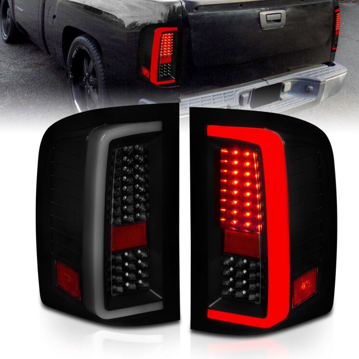 AmeriLite for 2007-2013 Chevy Silverado 1500 2500HD 3500HD Pure Black Smoke  [Full LED] Light Tube Replacement Taillights Pair - Driver and Passenger