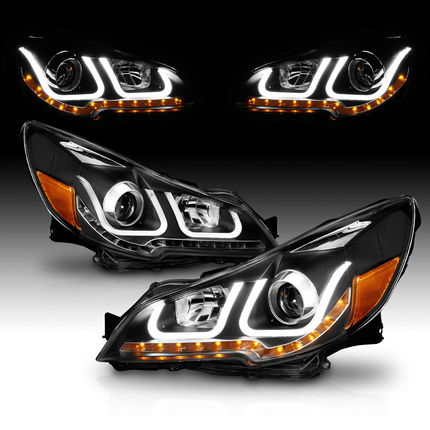 Passenger and Driver Side AmeriLite 2010-2012 Dual LED Bar Projector Black Headlights For Legacy Outback 
