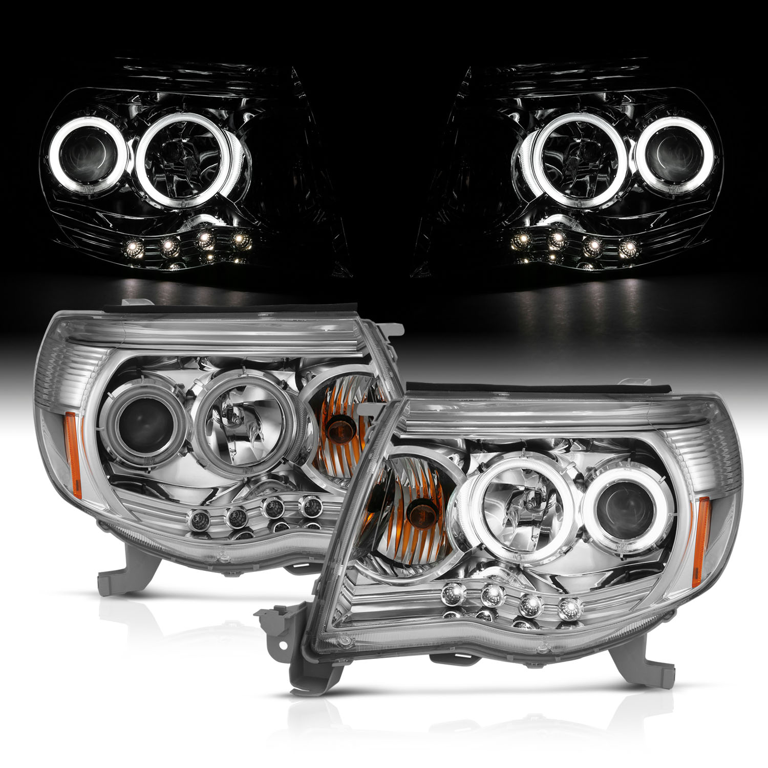 AmeriLite for 2005-2011 Toyota Tacoma Dual Xtreme LED Halo Ring Clear Black Projector Headlights Assembly Pair Passenger and Driver Side 