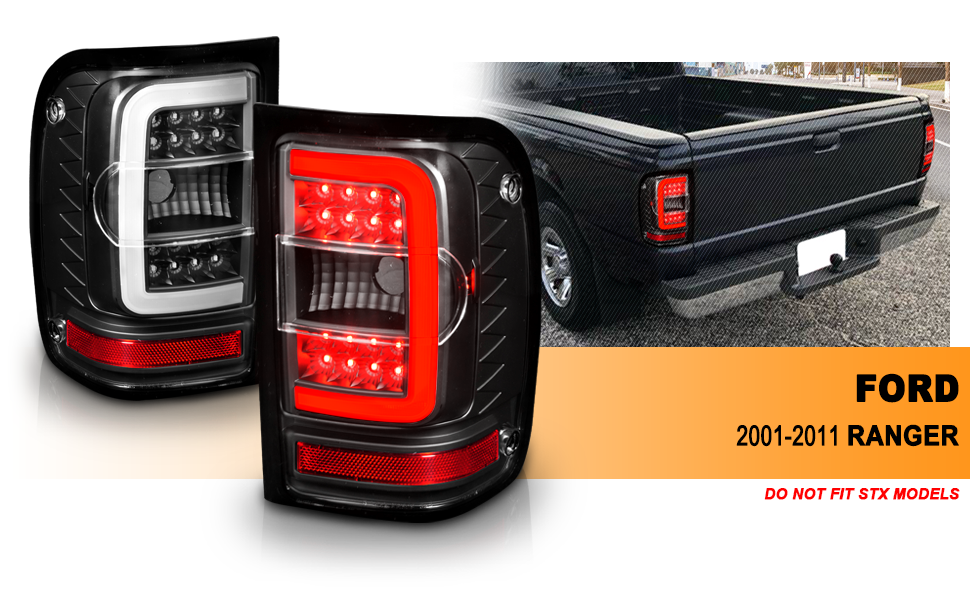 Passenger and Driver Side AmeriLite for 2001-2011 Ford Ranger C-Type LED Tube Clear Black Replacement Brake Tail Lights 