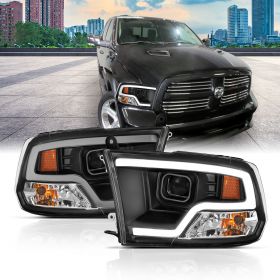 AmeriLite LED Plank Tube Black Square Projector Headlights Assembly for 2009-2019 Dodge Ram 1500 2500 3500 Pair - Driver and Passenger Side